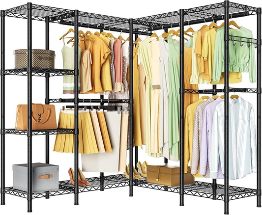 Golpart Heavy Duty Clothes Rack Metal Wardrobe with Adjustable Wire Shelves | Closet Organizers and Storage Clothing Rack Metal System Freestanding Hanging Clothes System Free Standing Garment Coat Racks