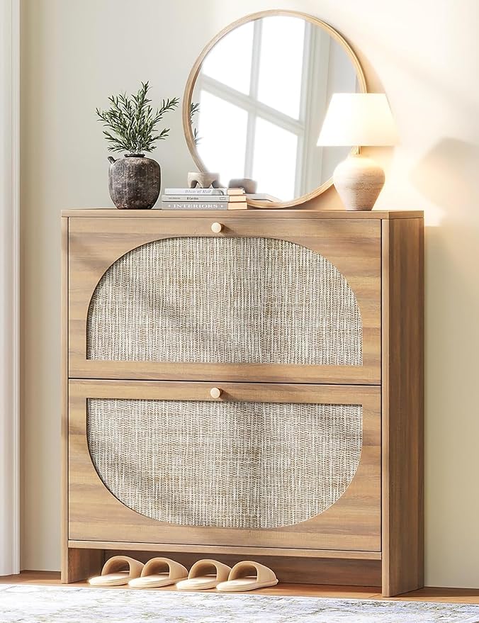 Nicetree Rattan Arched Accent Shoe Storage Cabinet - Freestanding Ultra Slim for Entryway, 2 Flip Drawers & 3-Tier Adjustable Shelves, Farmhouse Modern Rustic Shoe Rack for Hallway, Foyer, Living Room