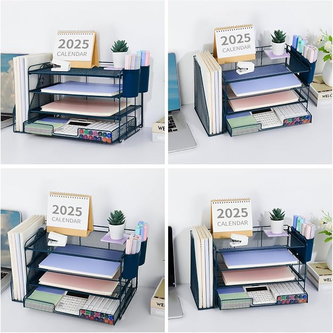 OPNICE Desk Organizer, 4-Tier Desktop File Organizer with Drawer and Pen Holders, Office Desk Accessories, File Sorters, Workspace Organizers for Office Supplies(Dark Blue)