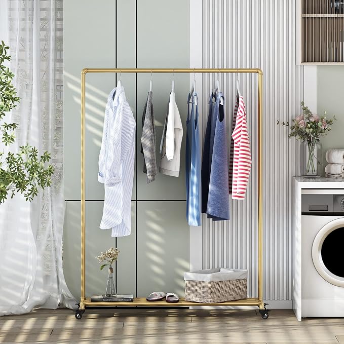 Industrial Gold Clothing Racks on Wheels, Boutique Display Gold Clothes Rack with Shelf, Rolling Garment Rack for Retail Use