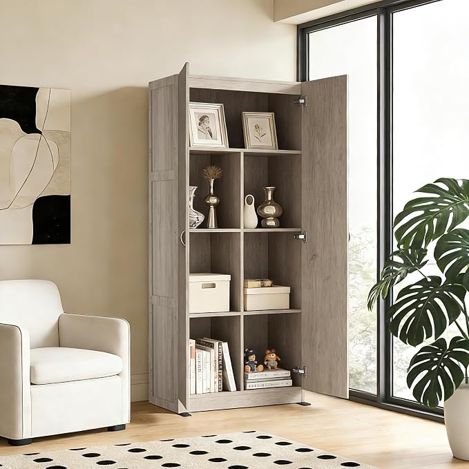 DUMOS Wood Storage Cabinet with Doors and Shelves, Kitchen Pantry Cabinet | 71'' Tall Freestanding Wooden Cabinets for Bedroom, Pantry, Home Office, Dining Room & Living Room, Light oak