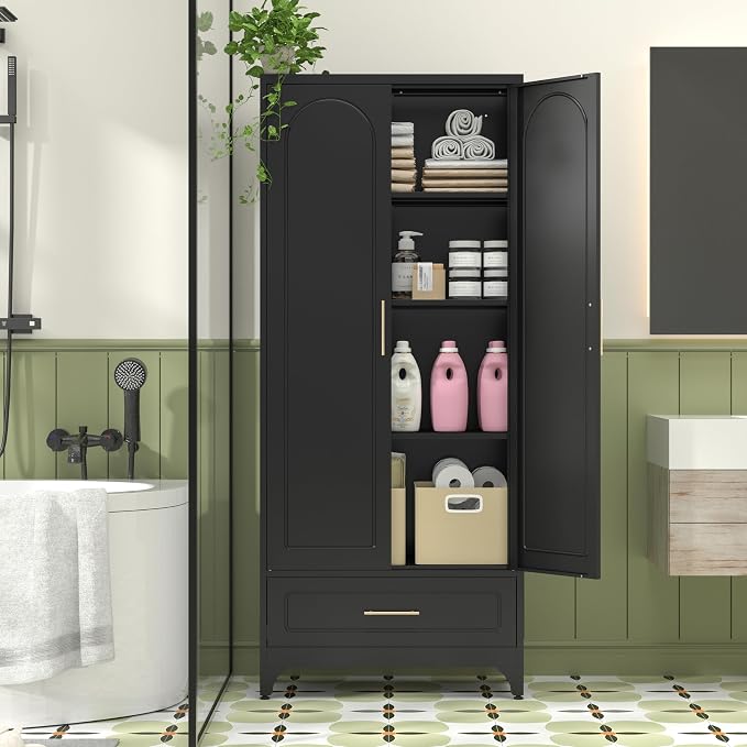 Polup 75" Tall Black Metal Pantry Storage Cabinet with 1 Drawer | Heavy-Duty Steel Kitchen Cabinet, 3 Adjustable Shelves & Magnetic Doors, Leveling Feet, for Dining Living Room, Laundry