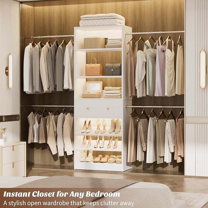 Wood Closet Organizer System - 4FT-9FT Expandable Wardrobe Closet with Drawer & 4 Hanging Rods, Heavy Duty Walk-in Closet 1000Lbs for Bedroom Walk-in Closet, White