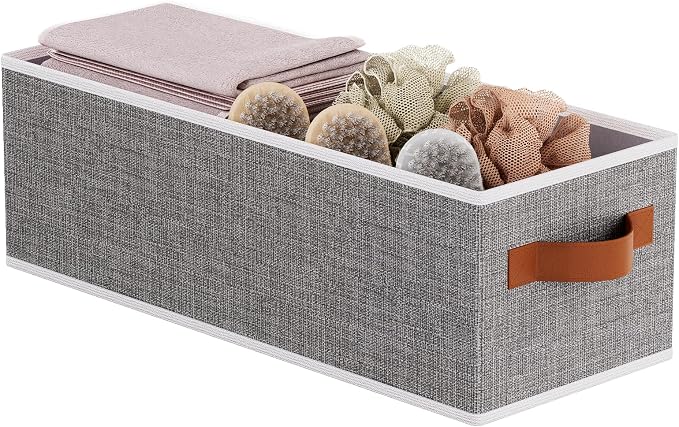 Foldable Long Storage Box,15x6x5 In,Gray Fabric Bin,1-Pack | Sturdy Storage Basket with Double Handles,Damp-Proof PP Panel Organizer Bins,Decorative Linen Bathroom Containers