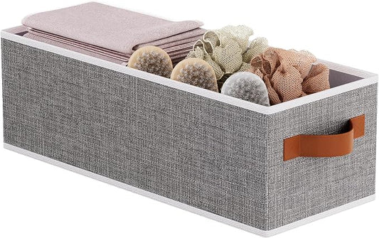 Foldable Long Storage Box,15x6x5 In,Gray Fabric Bin,1-Pack | Sturdy Storage Basket with Double Handles,Damp-Proof PP Panel Organizer Bins,Decorative Linen Bathroom Containers