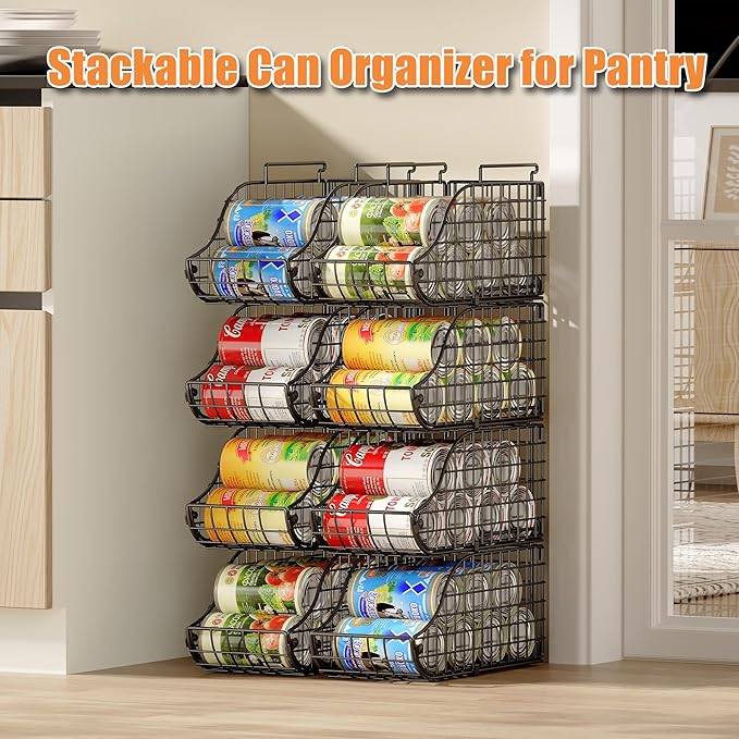 Sonyabecca 8 Pack Stackable Can Organizer for Pantry Cabinet Food Storage | Wire Storage Rack Holds Up to 72 Cans, Beverages and Food. Small Metal Organizer for Kitchen Counters, Fridges and RV