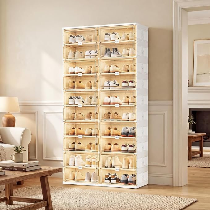 JEKO&JEKO 10 Tiers Foldable Shoe Rack Organizer Cabinet for Closet Entryway, Large Collapsible Shoe Storage Box with Magnetic Doors Fits Up to 40 Pairs (White)