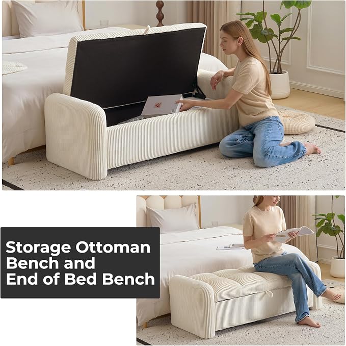 Oversized Corduroy Ottoman Bench with Storage, Upholstered End of Bed Bench for Bedroom, Ottoman Foot Rest for Living Room, Beige