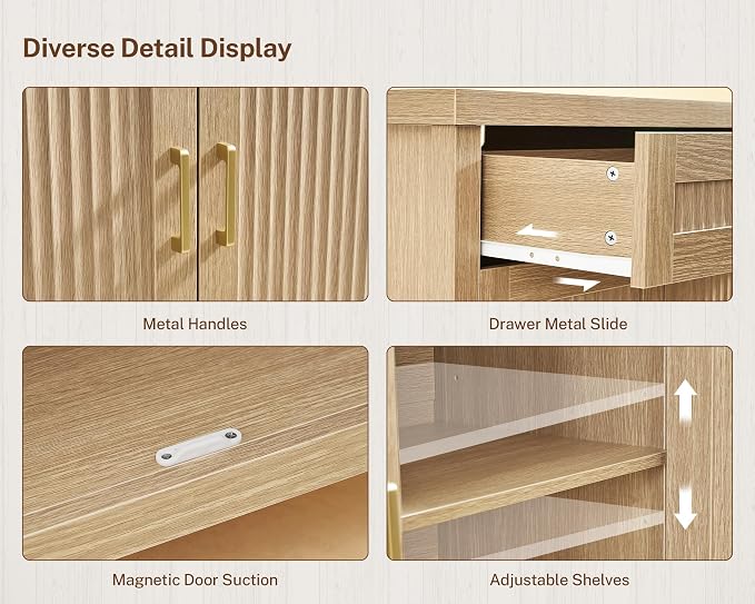 usikey 63" Buffet Cabinet with Storage, 2 Adjustable Shelves and 2 Drawers | Large Sideboard Cabinet, Modern Fluted Coffee Bar for Kitchen, Living Room, Natural