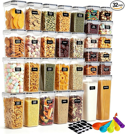 32pcs Airtight Containers, Clear Stackable Dry Food Storage | 32pk clear airtight containers with tight lids keep dry food fresh. Safe plastic, stackable for pantry kitchen storage