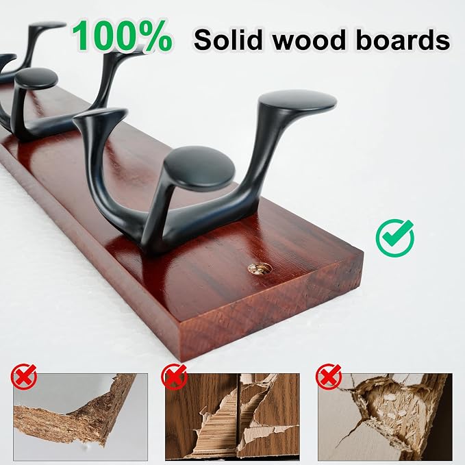WEBI Coat Rack Wall Mount,36" Solid Wood Coat Hooks Wall Mounted Coat Hanger,16" Hole to Hole,Heavy Duty Hook Rack Rail,6 Triple Hooks for Hanging Coats,Jacket,Clothes,Hat,Backpack,Cherry,2 Packs