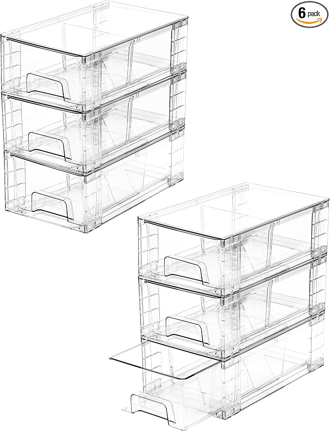 6 Pack Stackable Storage Drawers,Plastic Organizers Bins, Drawers Storage with Handles and Movable Dividers for Organization and Storage in Fridge,Bathroom, Pantry, Kitchen Cabinets, Under Sink