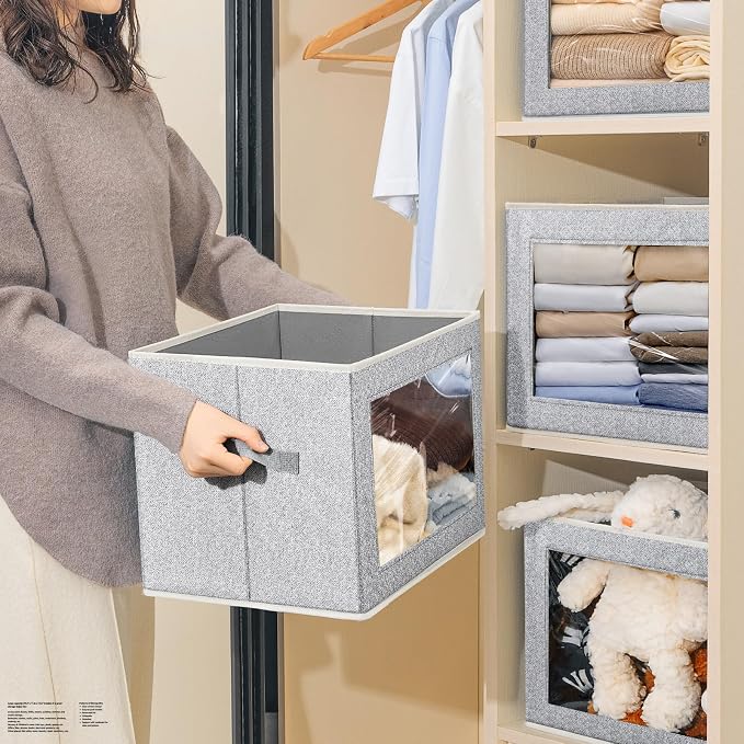 Homsorout Stackable Storage Bins with Lids - Medium Storage Box with Lids, Foldable Closet Boxes for Organizing, Wardrobe Clothes Organizer with Window, Cubes Bins for Living Room, 5 Pack, Blended