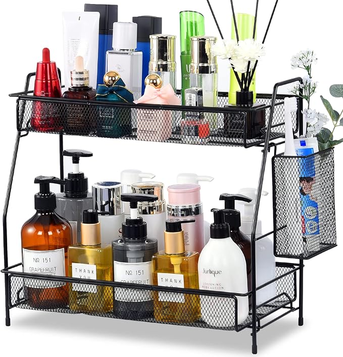 Large Countertop Organizer for Bathroom Counter, Bathroom Organizers and Storage, Under Sink Organizer Spice Rack Organizer for Kitchen with Basket(Black)