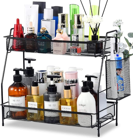 Large Countertop Organizer for Bathroom Counter, Bathroom Organizers and Storage, Under Sink Organizer Spice Rack Organizer for Kitchen with Basket(Black)