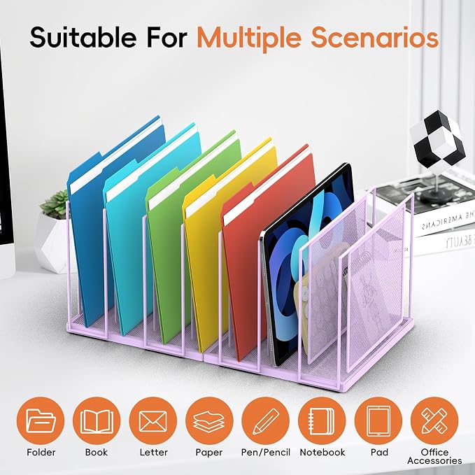 File Organizer For Desk, 7 Section Metal Desktop File Sorter,Purple | Desk file organizer, connectable 7 section design, 2.17 in spacing, vertical folder storage for home office and classroom