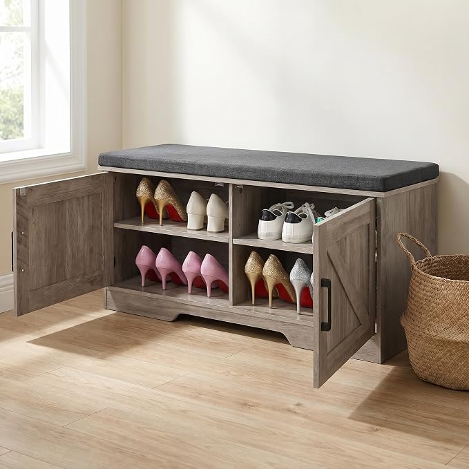 HOMSHO Farmhouse Shoe Storage Bench with 2 Barn Doors & Padded Seat Cushion | 39.4" Wide Entryway Bench with Adjustable Shelves & Hidden Storage, Greige