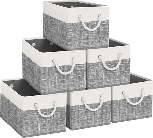 Fab totes Storage Bins 6-Pack, Foldable Storage Baskets for Organizing Toys, Books, Shelves, Closet, Large Storage Box with Rope Handles, Sturdy Organizer Bins, White & Grey
