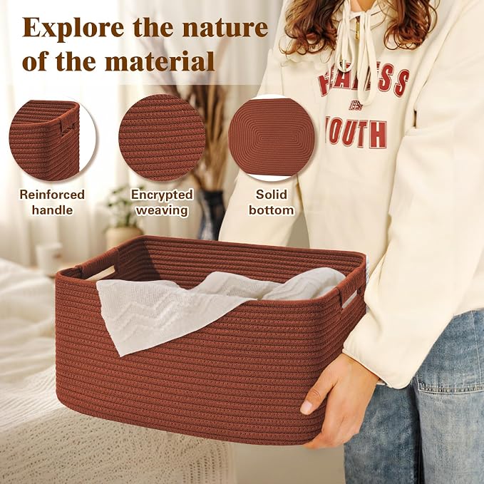 2 Pack Large Storage Basket for Organizing, 17.5"x13"x7" Woven Basket for Shelves, Closet Cube Storage Bins with Wrapped Handle, Cotton Rope Baskets for Kitchen, Clothes, Toys(Oxide Red)