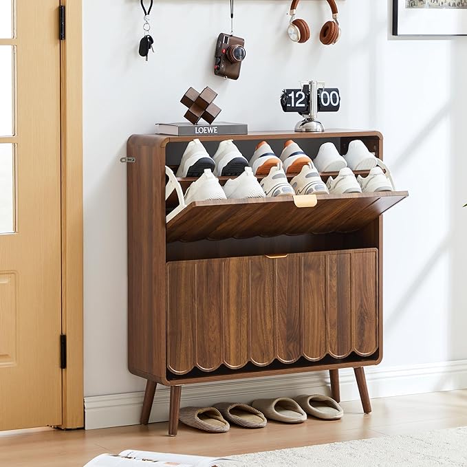 Shoe Storage Cabinet for Entryway with 2 Flip Drawers Set of 2, Freestanding Narrow Wood Shoe Cabinet with Wave Panel, Hidden Shoe Organizer for Foyer, Hallway (Walnut)