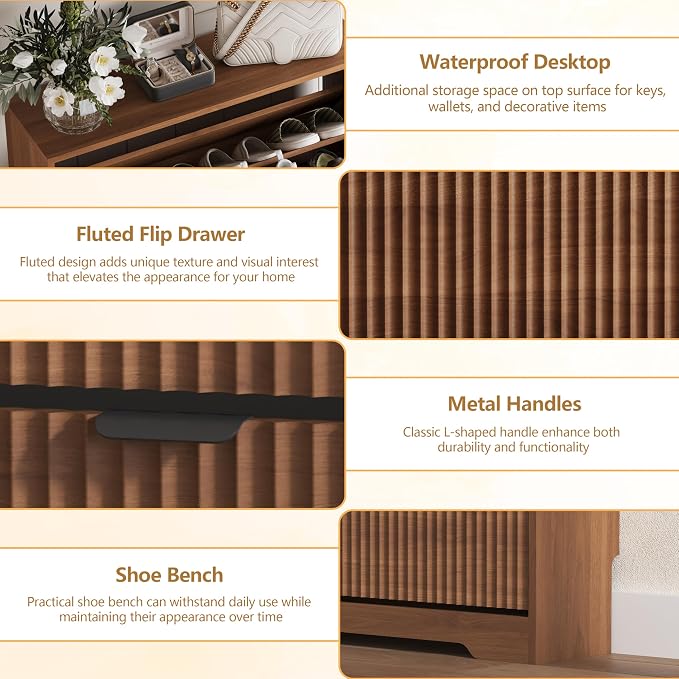 Shoe Cabinet Storage for Entryway with 4 Flip Drawers, Walnut Fluted Shoe Cabinet with Adjustable Shelves, Wooden Hidden Shoe Rack Freestanding Narrow Slim Shoes Storage for Hallway, Entrance