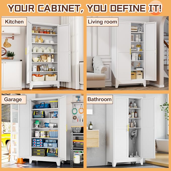 PAOFIN 75" Metal Kitchen Pantry Cabinet,White Storage Cabinet with Doors and 5 Adjustable Shelves, Cabinet with 2 Metal Handles,Tall Cabinet for Livingroom,Pantry, Bathroom,Kitchen