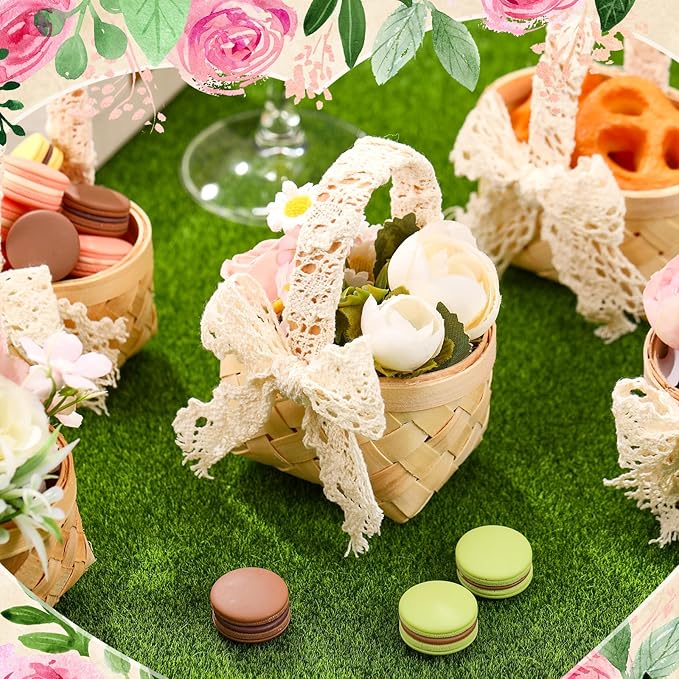 12 Pcs Mini Flower Girl Basket Mini Woven Baskets with Handles Wood Chip Flower Fruit Picnic Holder with White Lace Ribbon Chip Bucket for Wedding Party Gifts Baby Shower Birthday Decoration