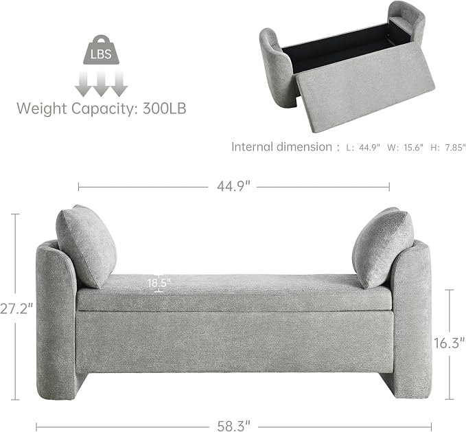 Usaint 58.3" Upholstered Storage Ottoman Bench with 2 Throw Pillows, Grey | End of Bed Bench with Curved Arms and Thickened Seat Cushion for Bedroom, Livingroom, Window, Entryway and Dressing Areas