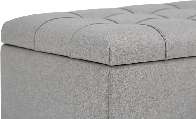 SIMPLIHOME Shiloh 48" Wide Vegan Leather Ottoman in Chestnut Brown | Transitional ottoman with tufting and lift-up lid; rectangle storage bench for living room or entryway.