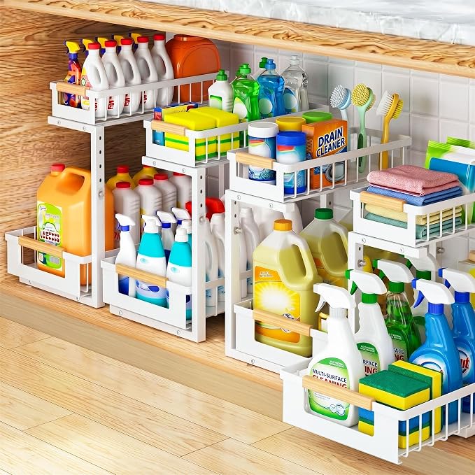 Under Sink Organizer, 2 Tier Pull Out Cabinet Organizer with 5 Adjustable Heights, Metal Under Sink Storage with Sliding Drawers for Kitchen, Bathroom, Pantry and Laundry Room, 4-Pack White