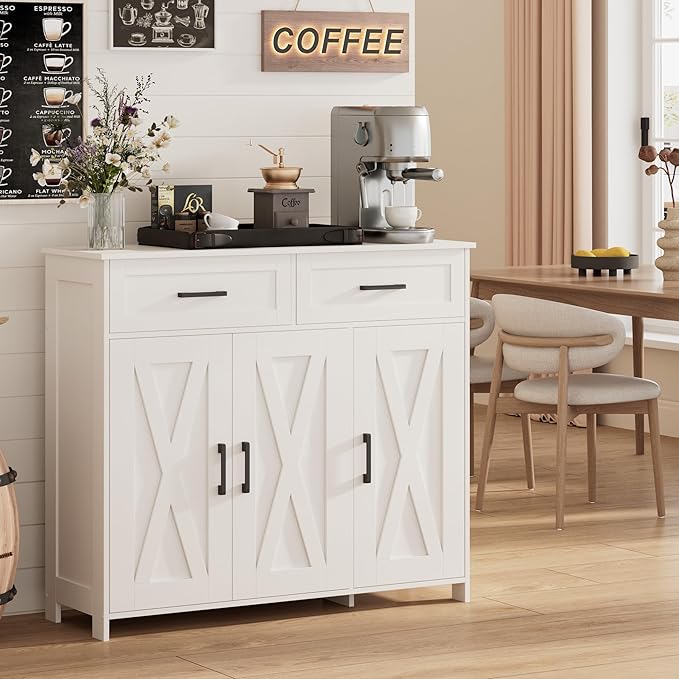 Homhedy Coffee Bar Storage Cabinet with Drawers, Kitchen Buffet Cabinet | Sideboard Cabinet with Doors, Farmhouse Buffet Cabinet, Adjustable Shelves, for Kitchen / Dining / Living Room, White