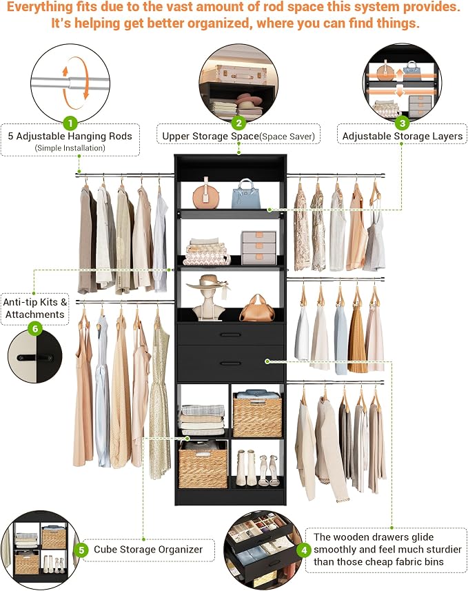 Besiost Small Closet System, 3.2-6.8FT Small Closet Organizer with 5 Hanging Rods, Can Fit 37.5 to 81.9 inch Walk-in Closet System, Built-in, Black, Enclosed Storage Volume 2.32 ft³