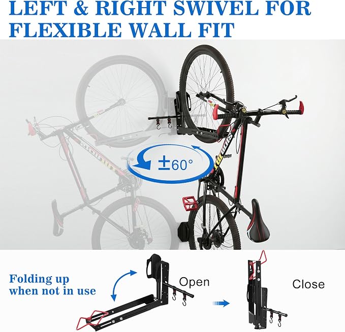 Swivel Bike Wall Mount,No Lift Bike Hangers with Two Extra Storage Hooks | Space Saving Vertical Bike Rack for Home & Garage, Easy to Load and Unload, Bike Rack Garage Hold Up to 80 lbs
