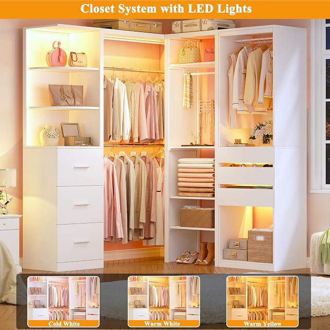 Large Corner Closet System Set with 6 Drawers & Shelves, 100'' Reversible Closet Organizer System with LED Lights & 8 Jewelry Hooks & Glasstop, Walk-in Closet with 4 Hanging Rods, L Shaped/Straight
