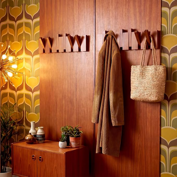 Youyole 2 Pcs 6 Hook Wooden Coat Hooks Mid Century Modern Wall Mounted Folding Coat Rack Hanger with Hooks Heavy Duty Flip Down Piano Hat Rack for Hanging Coats Hats Home