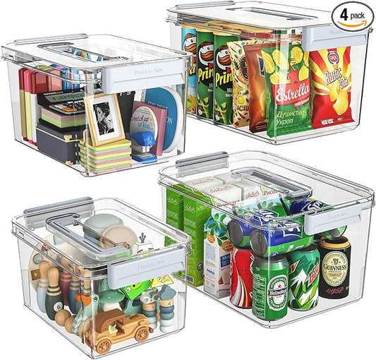 Plastic Storage Bins with Lids Stackable organization and Storage Containers for Organizing Snacks, Crafts, Tools Clear Storage Box with Latching handle(Clear, 2PCS-4.5QT 2PCS-8.5QT)