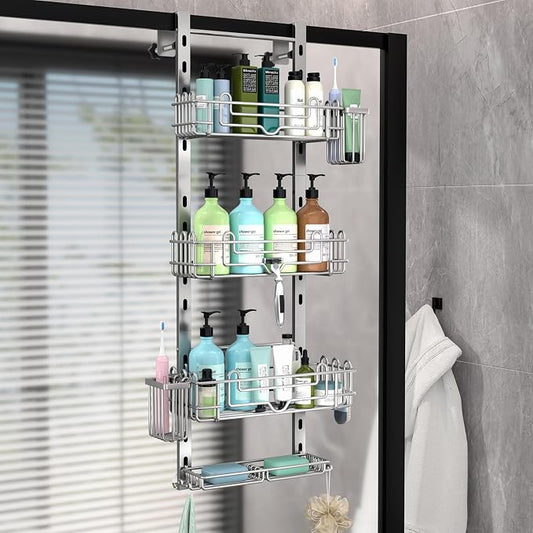 HapiRm Hanging Shower Caddy Organizer - Shower Shelf with 22 Hooks and 2 Toothbrush Holders, No Drilling Adjustable Hanging Bathroom Organizer - Silver