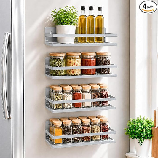 SMRCAD 4 Pack Metal Magnetic Spice Rack for Fridge – Heavy-Duty | Iron Construction, Rust-Resistant, Dust-Resistant, Fits Condiment Bottles, Includes Screws for Optional Wall Mount