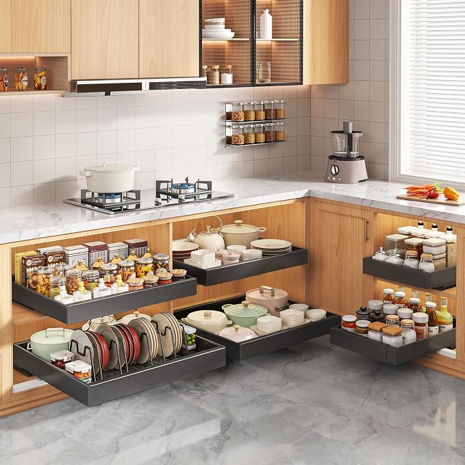Seinloes 6 Pack Pull Out Cabinet Organizers 21" Deep With Raising Pad for Framed Cabinets, Expandable Slide Out Drawers with 4pcs Divider Racks, Roll Out Shelves, Adjustable Width 12"-20.45" Black