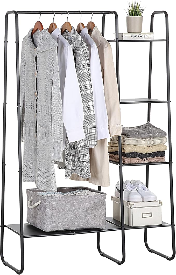 SunnyPoint Open Closet Garment Rack with 4-Tier Shelves & Bottom Storage Shelf, Freestanding Open Wardrobe Clothes Rack Organizer with Hanging Rod for Bedroom Closet, Clothing Rack with Shelves