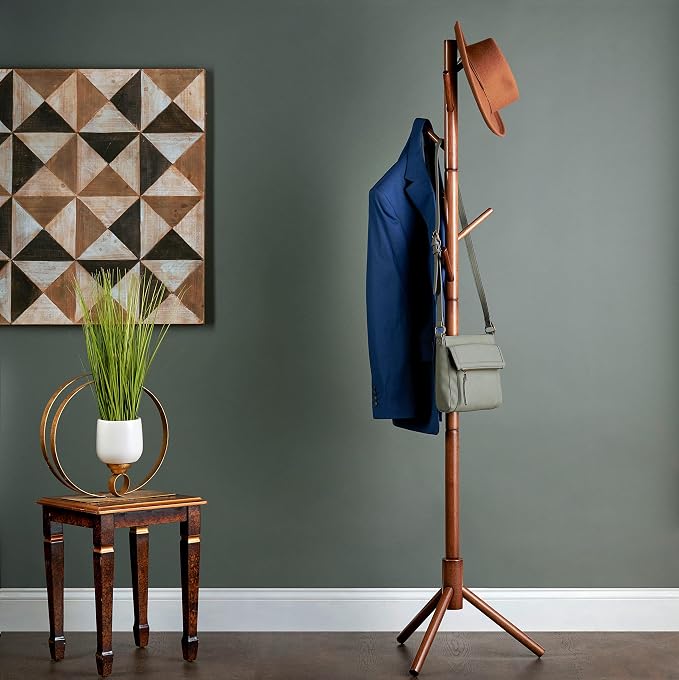 Wooden Tree Coat Rack Stand, 6 Hooks - 3 Adjustable Sizes Free Standing Coat Rack, Hallway/Entryway Coat Hanger Stand for Clothes, Suits, Accessories