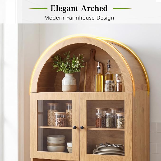 Merax 75" Tall Bookcase,Arched Pantry Cabinet with Adjustable Shelves | Farmhouse Bookshelf Coffee Bar with Charging Station Open Countertop for Office,Kitchen,Dining Room,Living Room,Oak