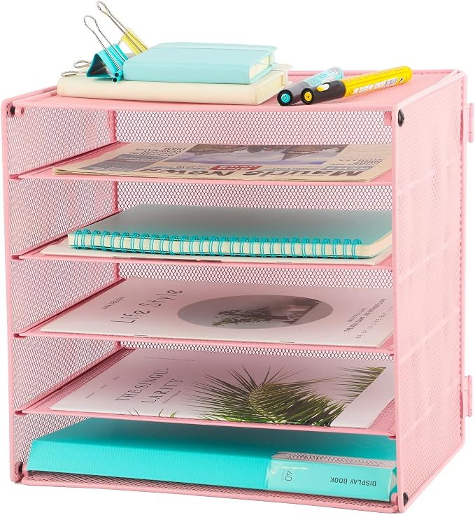 5 Slot Mesh Desk Organizer Tray, File Paper Letter Folder Holder Desktop Paper Sorter Mail Organization Rack Storage Accessories, for Office Home School Classroom, Pink