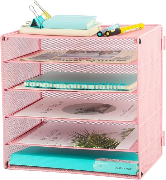 5 Slot Mesh Desk Organizer Tray, File Paper Letter Folder Holder Desktop Paper Sorter Mail Organization Rack Storage Accessories, for Office Home School Classroom, Pink