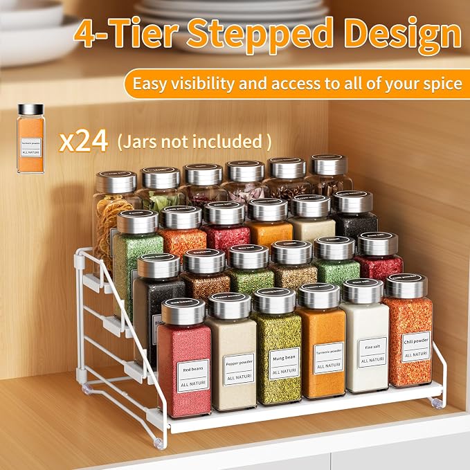 Spice Rack Organizer for Cabinet, Depth Adjustable 4 Tier Spice Rack,1 Pack | White, Metal Spice Organization for Cabinet, Easy Visibility, Tiered Spice Rack Perfect for Cabinet, Pantry and Countertop