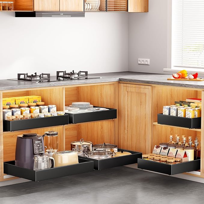4 Pack Pull out Cabinet Organizer, 21"Deep, Heavy Duty Full-extension Slide out Drawers for Kitchen Cabinet, Roll out Shelf Storage with Nano Adhesive for Pots, Bathroom, Pantry, Home, Black