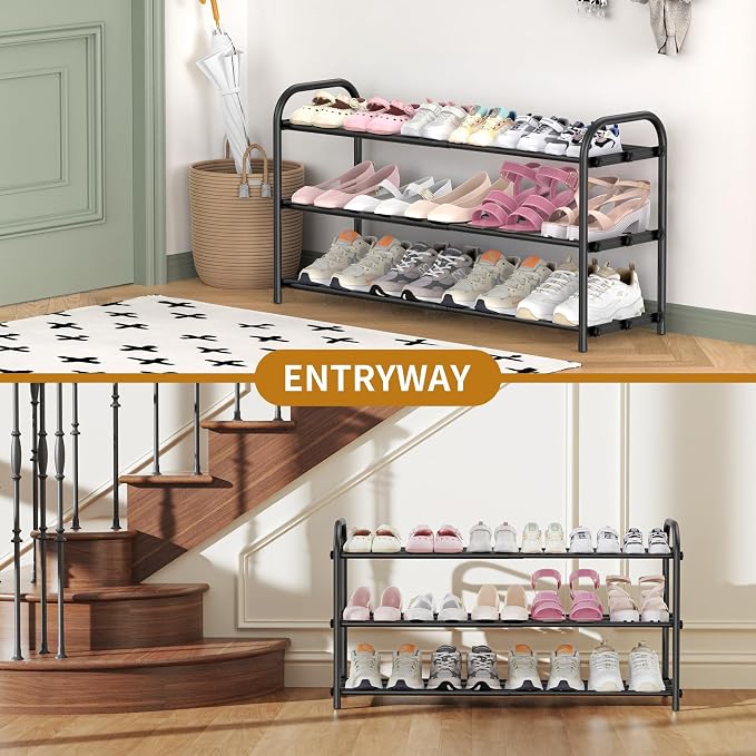 Hleelomi 3-Tier Metal Expandable Shoe Rack for Closet and Entryway Black | Adjustable Shoe Organizer for Closet,Living Room,Dorm,Garage,Fits Small Spaces, Apartments and Rentals