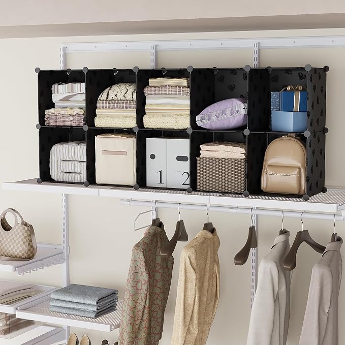 UNKU 6 Cube Storage Organizer, Closet Organizer Storage Shelves, Black | DIY Stackable Bookcase, Clothes Organizer Shelf for Closet, Bedroom, Living Room, Cabinet, Home, Office