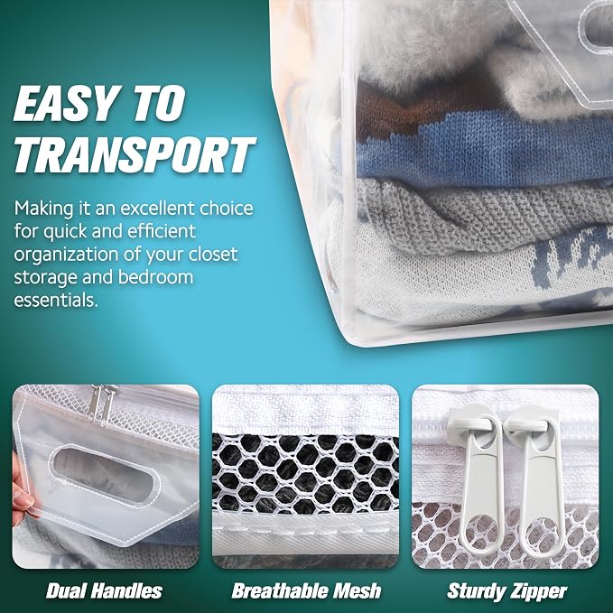 HIBAG 10 Gallon Large Storage Bag for Clothes, Zipper Clothing Storage Bag, Clear Organizer with Reinforced Handles, for Closet and Underbed Storage (2 Pack)