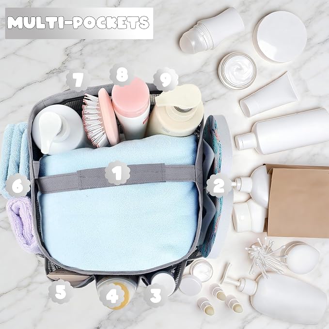 Mesh Shower Caddy Portable - 9 Pockets for College Dorm Room Essential | Large Capacity Mesh Shower Caddy with 9 Pockets, Portable Hanging Toiletry Bag for College Dorm, Gym, Camping and Beach